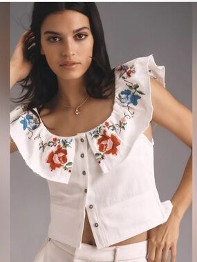 Anthropologie Pilcro Embroidered Ruffle Top White Cream Size L/XL